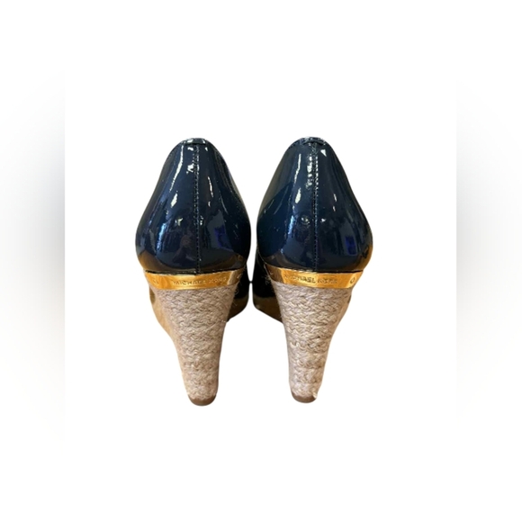 Micheal Kors Navy Lacquerd Wedge Heels with Espadrille and Gold Hardware, Size 6 - Picture 5 of 7